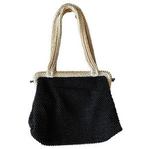 Vintage Corde Bead Bag Hinged Closure Top Handle Black White Beaded Evening Bag